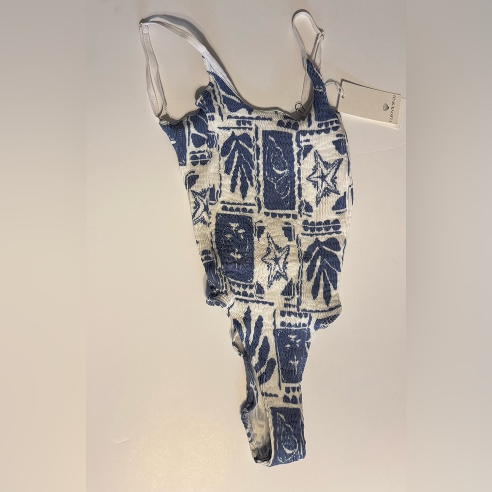 New! Cleonie Swim Elegant Blue and White Women's One Piece Designer Swimsuit - Picture 3 of 4
